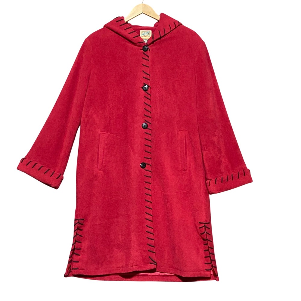 TravelSmith Women's Size L Red Hooded Long Coat Blanket Stitch Button Front 1965